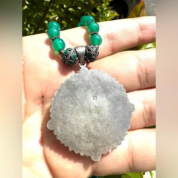 Antique and stunning apple green genuine jadeite handmade pendant necklace 18”in